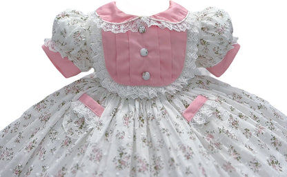 White swiss dot floral classic dress with lace trim