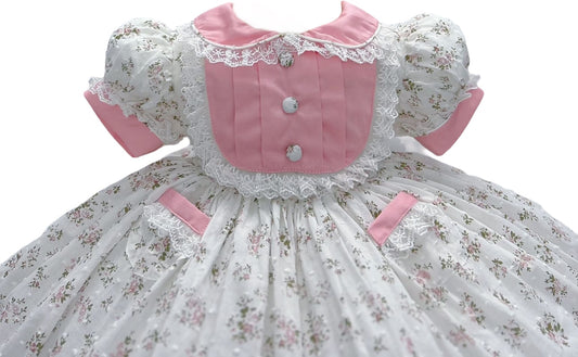 White swiss dot floral classic dress with lace trim