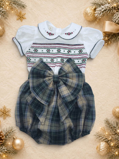 Tartan hand smocked girls romper