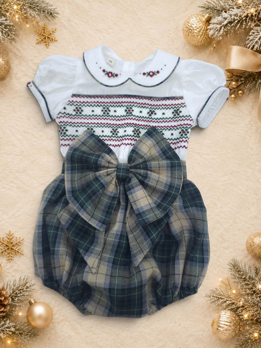 Tartan hand smocked girls romper