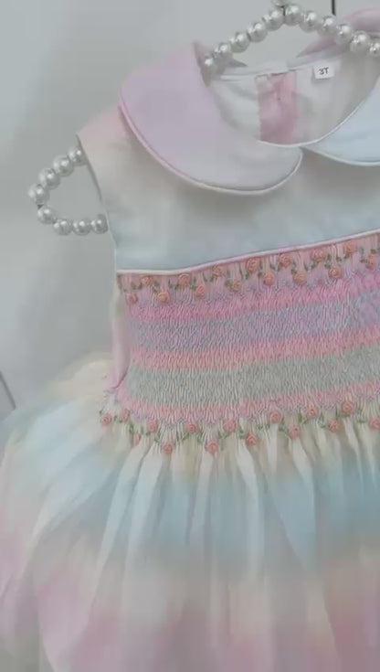 Ombre rainbow sleeveless hand smocked dress
