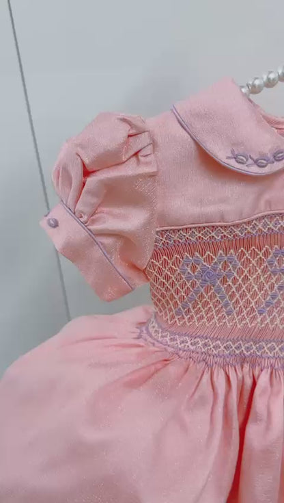 Peach Taffeta Hand-Smocked Dress with Lilac Embroidery